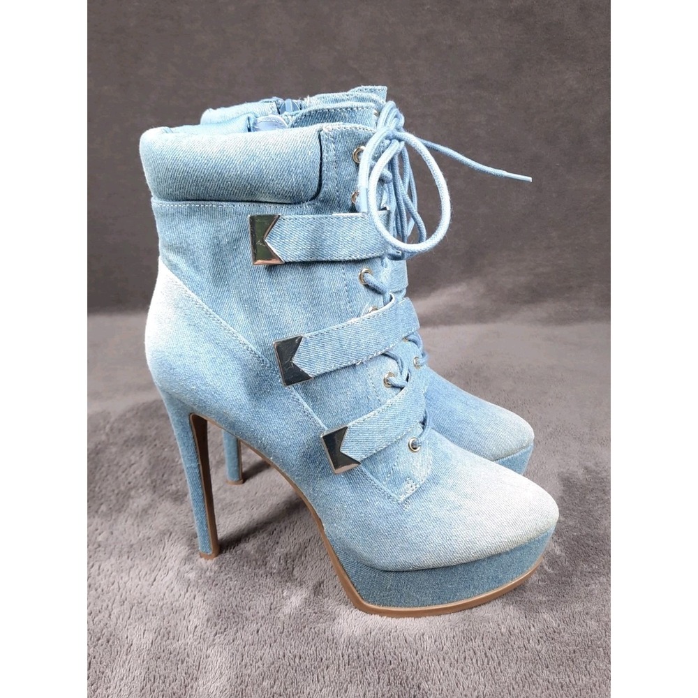 Thalia Sodi Women's Sasha Lace-Up Platform‎ Dress Blue Denim Booties 6.5M